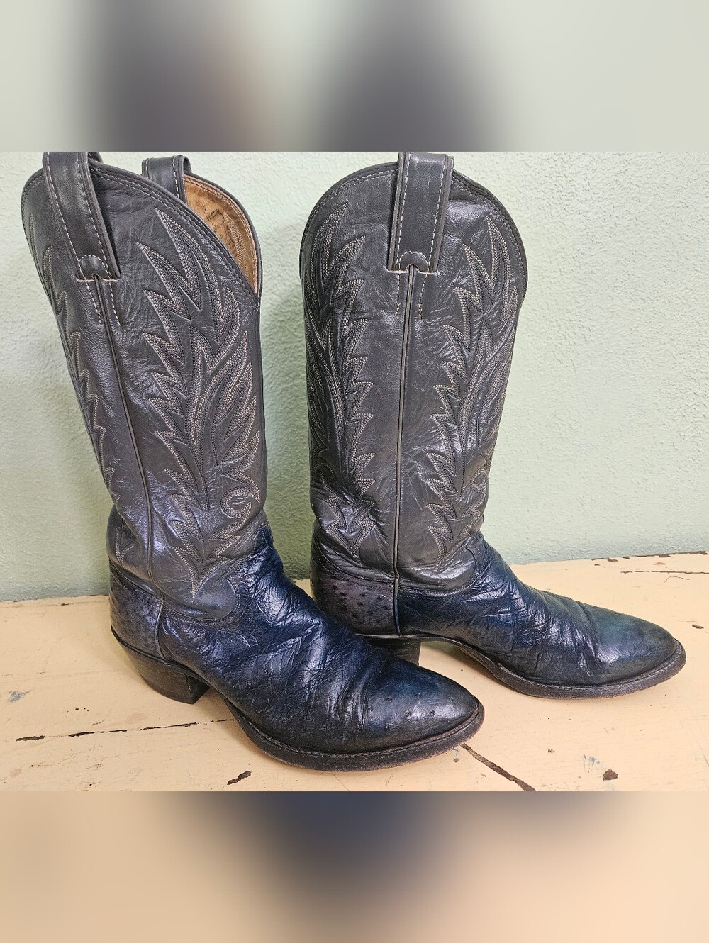 Justin Ostrich Blue And Grey Leather Western Cowboy Boots